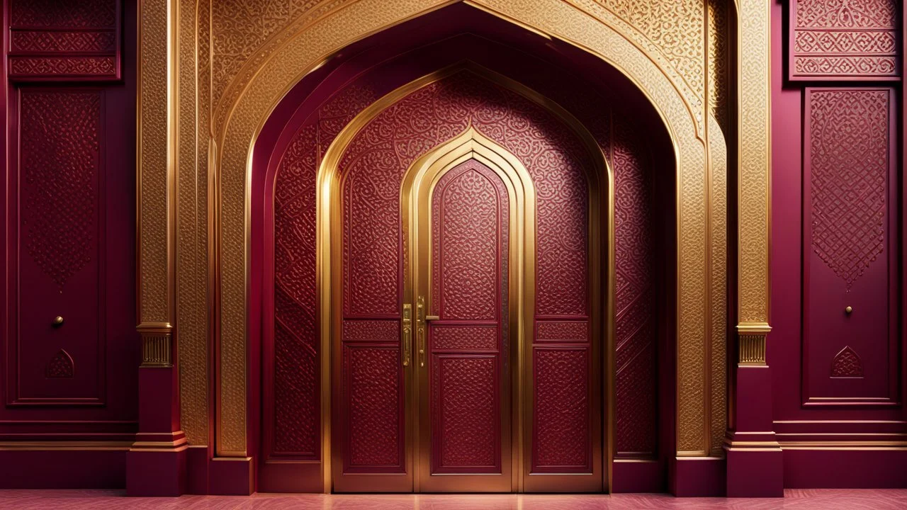 Hyper Realistic Photographic-View Of A Fancy Door Of A Maroon-Mosque-Door-with-beautifully-detailed-golden-Islamic-Architctural-design showing dramatic & cinematic ambiance.