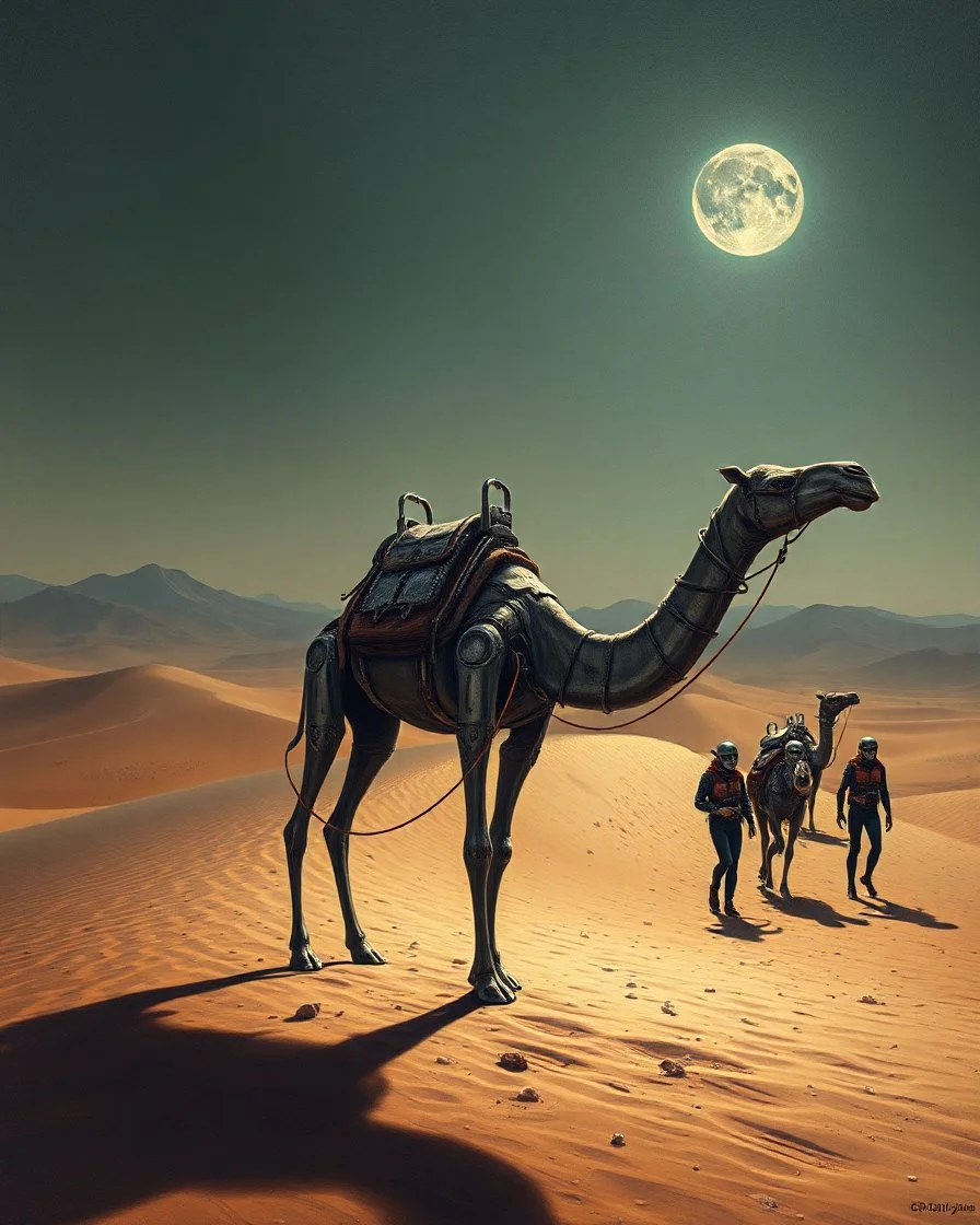 Bosch painting style ,nightmare, a camel looks like a robot made of metal in the desert , Aliens are walking along the caravan