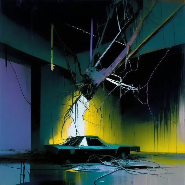 Minimal abstract oil painting of a car wreck limbs sinew. in concrete warehouse brutalist architecture and hanging wires illuminated at night. With triadic colours. In the style of Justin Mortimer and Phil Hale, Ashley Wood