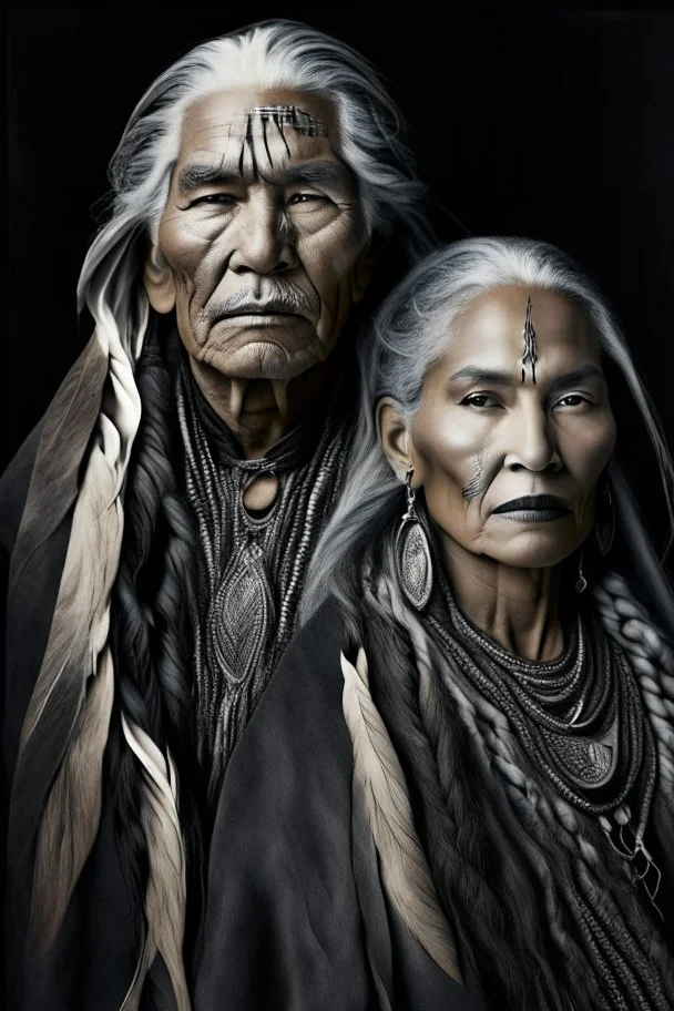 a photo of an Native american indian man and woman with ethnic jewelry, grey hair and grey flowing robe, in style of Annie Leibovitz, contemporary portrait of a mature yet beautiful and modernist, black and grey, detailed face, swirling fluid smokey enigma, award-winning artwork