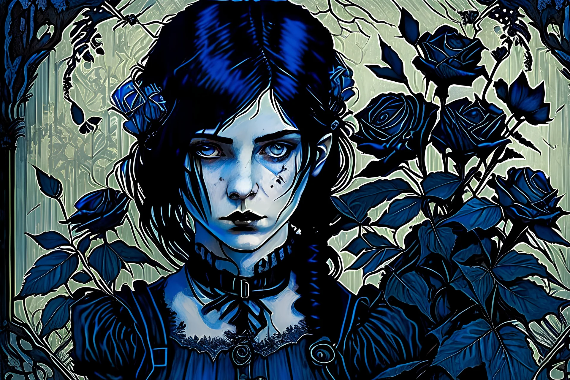 Gothic portrait of a young woman in the style of Arthur Rackham and Norman Rockwell. She has dark blackish blue hair and there are blueberry plants around her. Piercing blue eyes. Steampunk Wednesday Adams