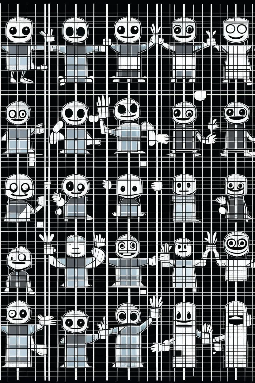 SQUARE GRIDS GHOST FACES CARTOON DANCING STYLE OF HIROKU OGAI