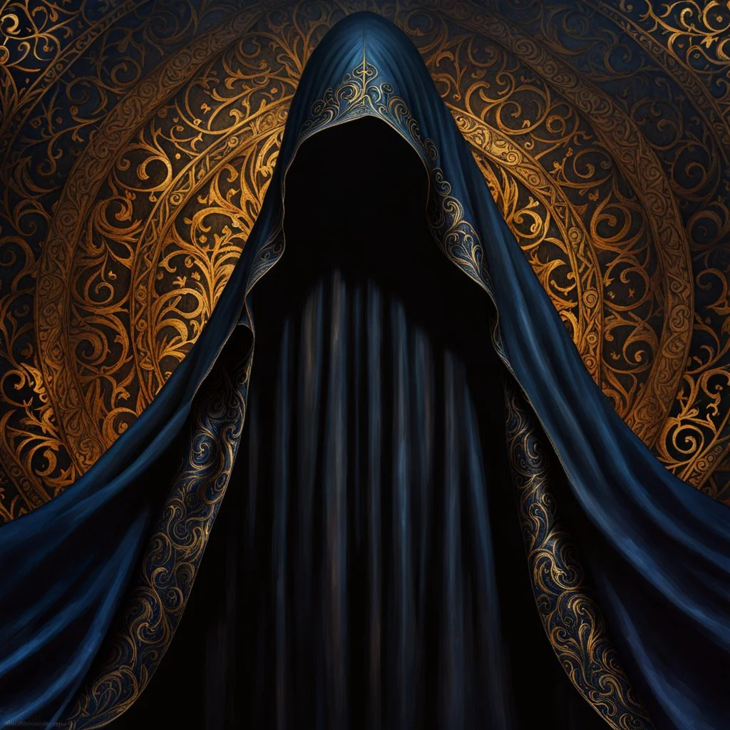 Closeup of an old, dark, invisibility cloak used for black magic. Evil. Dark. Black magic. No detailed background.Magical. Epic. Dramatic, highly detailed, digital painting, masterpiece