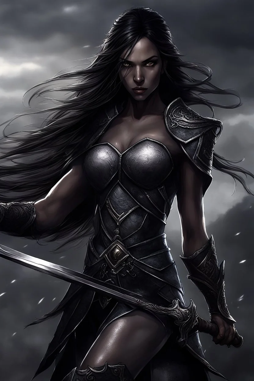 SA female elf with skin the color of storm clouds, deep grey, stands ready for battle. Her long black hair flows behind her like a shadow, while her eyes gleam with a fierce silver light. Despite the grim set of her mouth, there's a undeniable beauty in her fierce countenance. She's been in a fight, evidenced by the ragged state of her leather armor and the red cape that's seen better days, edges frayed and torn. In her hands, she grips two daggers, add dark shadow mystic purple flames