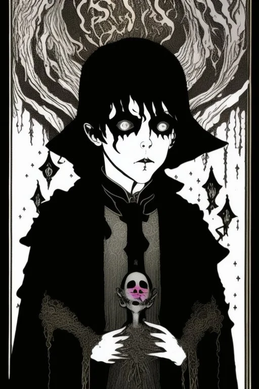 7 year old boy, necromancer, friendly, looks dead, surrounded by weird smoke with eyes, wearing black robes, in the style of Harry Clarke