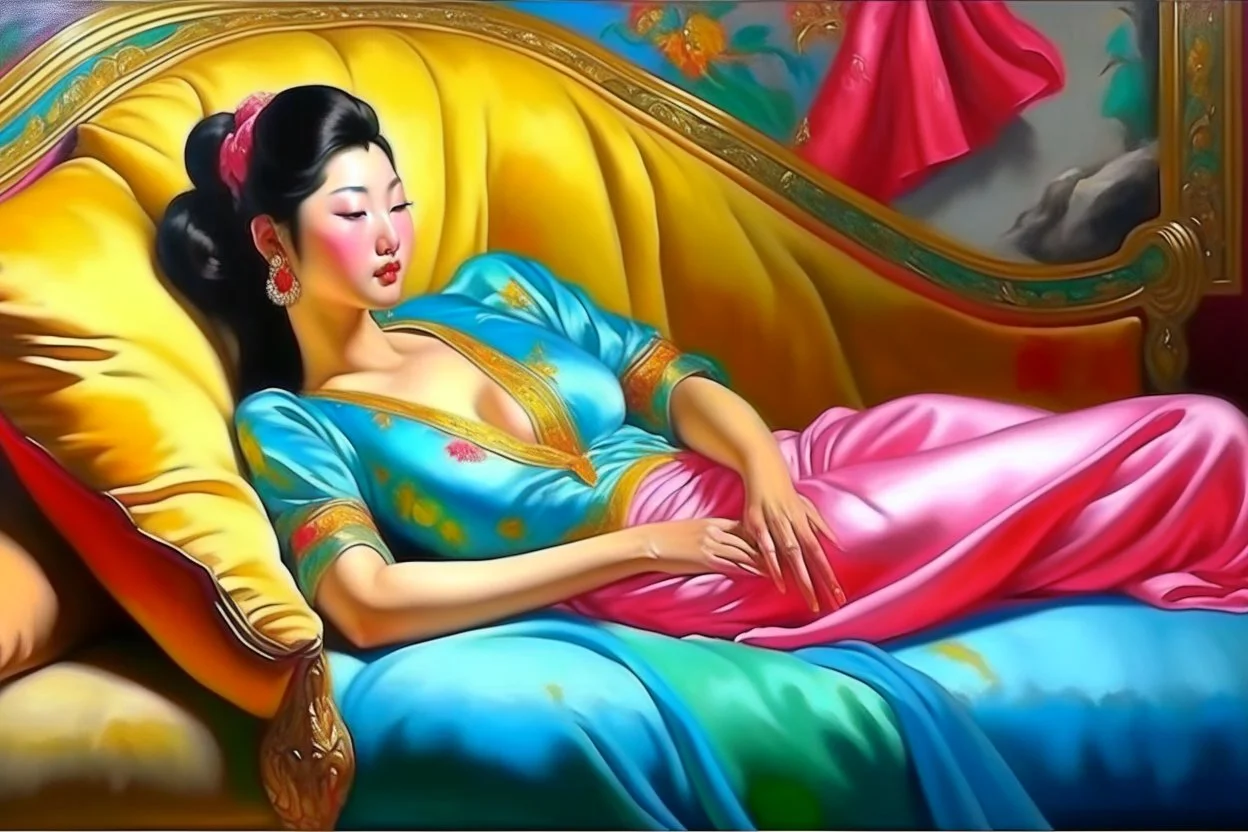 oriental woman lying on a pillow painting neoclassism bright colors zoom out realistic whole body