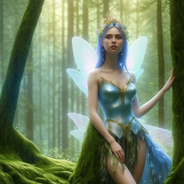 A beautiful portrait of a fairy in a forest, facing camera blue color scheme, blue eyes, high key lighting, volumetric light high details with white stripes and lights unreal 5, octane render, cinema4d, dynamic lighting, dramatic lighting, 4k, redshift render, highly detailed, hyper realistic