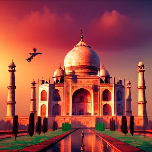 The Taj Mahal, Hindistan, sunset, rainbow sunset, fantasy art, flying birds, springs