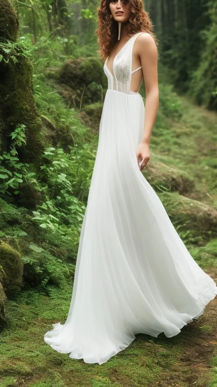 a very beautiful lady curly hair, walks in the forest with a narrow river with clean water and nice rocks on floor. The trees and wild flowers .