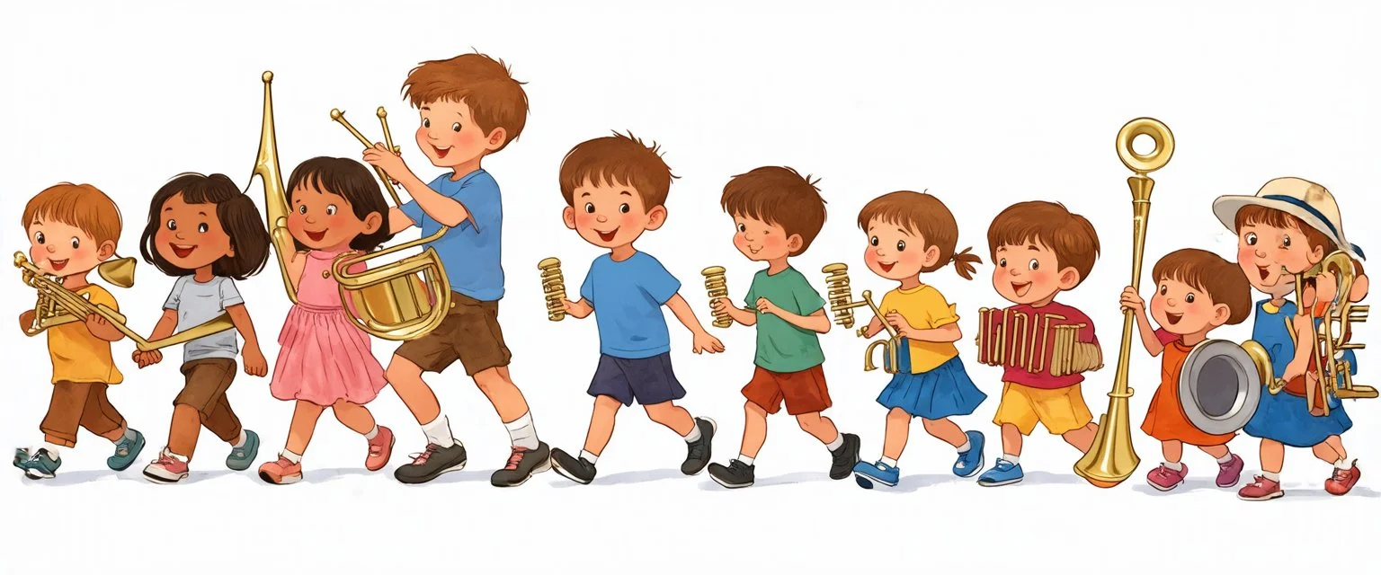 children joyfully marching in a band. Digital painting illustration