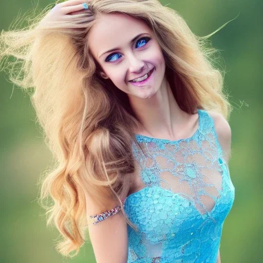 only one full-length body shot beautiful smiling girl, beautiful mouth, fashion show model, delicate fine traits, with long blond hair,big eyes, light blue lace long dress, light blue sky background, blue butterflies,golden stars, blue pond foreground,delicate jewelry, small pink flowers in the hair,body shot