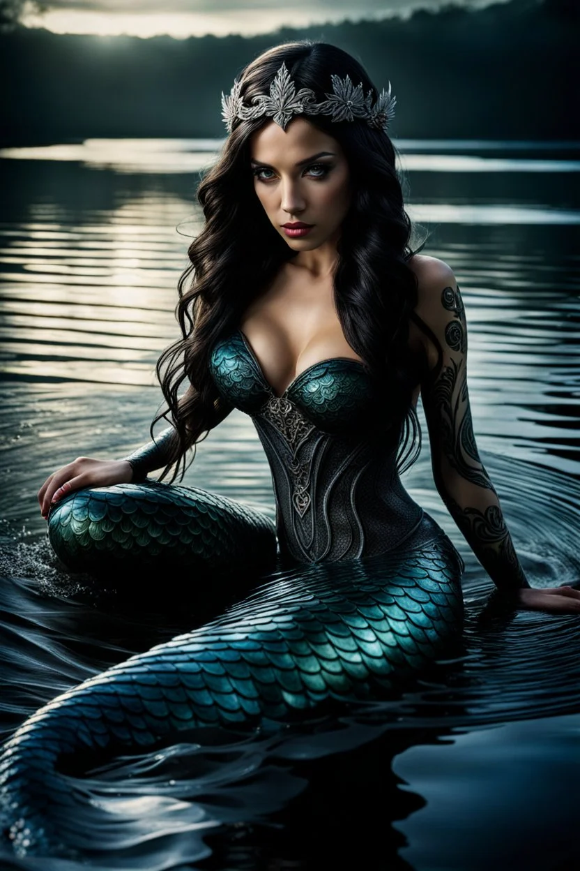 Beautiful mermaid on a lake, wet and dense, mysterious, siren, unholy, creepy, horror, dark, intricate design and details, dramatic lighting, photorealistic, cinematic, Anne Stokes