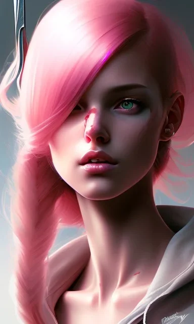 girl, cute, beautiful, pink hair, brown eyes, pigtails, bangs, knife in hand, blood on face, by Greg Rutkowski, big boobs