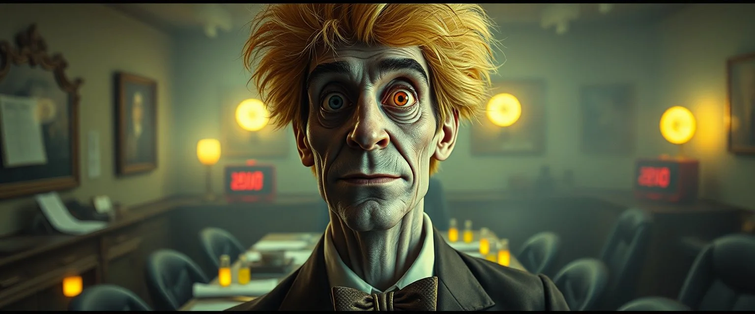 high class realism, dented skin, victorian era, cyber punk, A really close up portrait of one person individually mutated with hairy wigs glowing, messed up uranium creatures in a dimly lit boardroom, with playful expression. The room is filled with scattered papers, glowing vials, and miniature nuclear reactors. Style: whimsical digital illustration, cinematic lighting, colorful