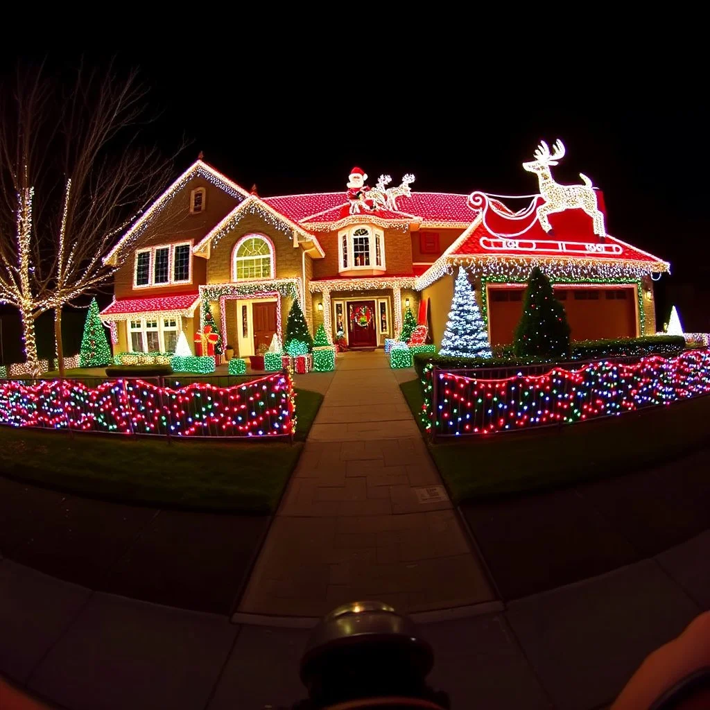 photograph taken by a gopro camera of a large suburban house and landscaping and fence with an insanely detailed Christmas light display lit up at night. Christmas lights on everything, Santa's sleigh and reindeer on roof all lit up with individual christmas lights, christmas light on everything to an unbelievable degree, 100,000 individual lights, ridiculous and impossible amount of lights, lights can be seen from space