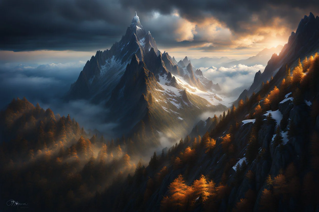 a snow-covered lonely steep massiv mountain reaching into the clouds. On top of the mountain is a needle thin tower. fantasy concept art, exquisite realism, a masterpiece, dynamic lighting, hyper detailed, intricately detailed, deep color, Unreal Engine, volumetric lighting , Epic cinematic brilliant stunning intricate meticulously detailed dramatic atmospheric maximal,