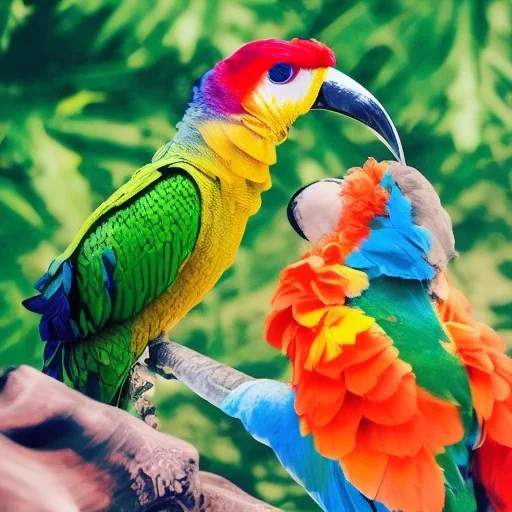 The embodiment of summer is a beautiful exotic birds fly, the face is beautiful, the atmosphere of the scene is uplifting and dynamic, Summer cinematic, the colors are green dark, red, orange and touches of blue