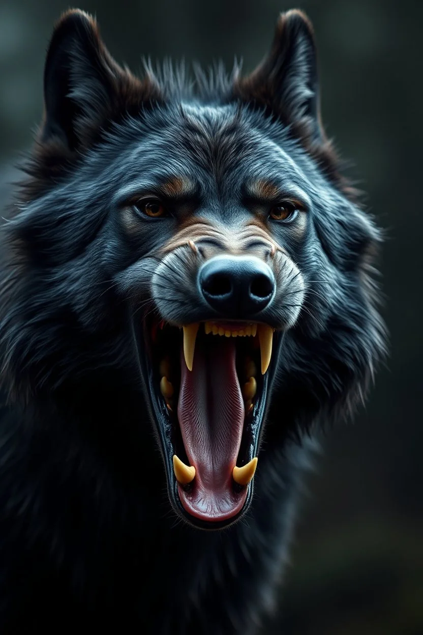 photorealistic, 4k, hyperdetailed large black wolf with hackles raised snarling