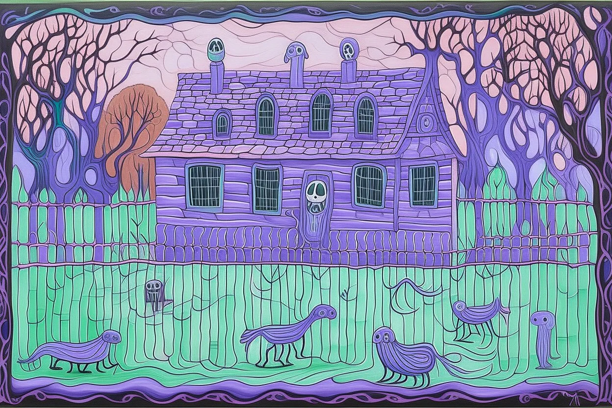 A light purple haunted prison with slimy ghosts designed in Kuna molas painted by Edgar Degas