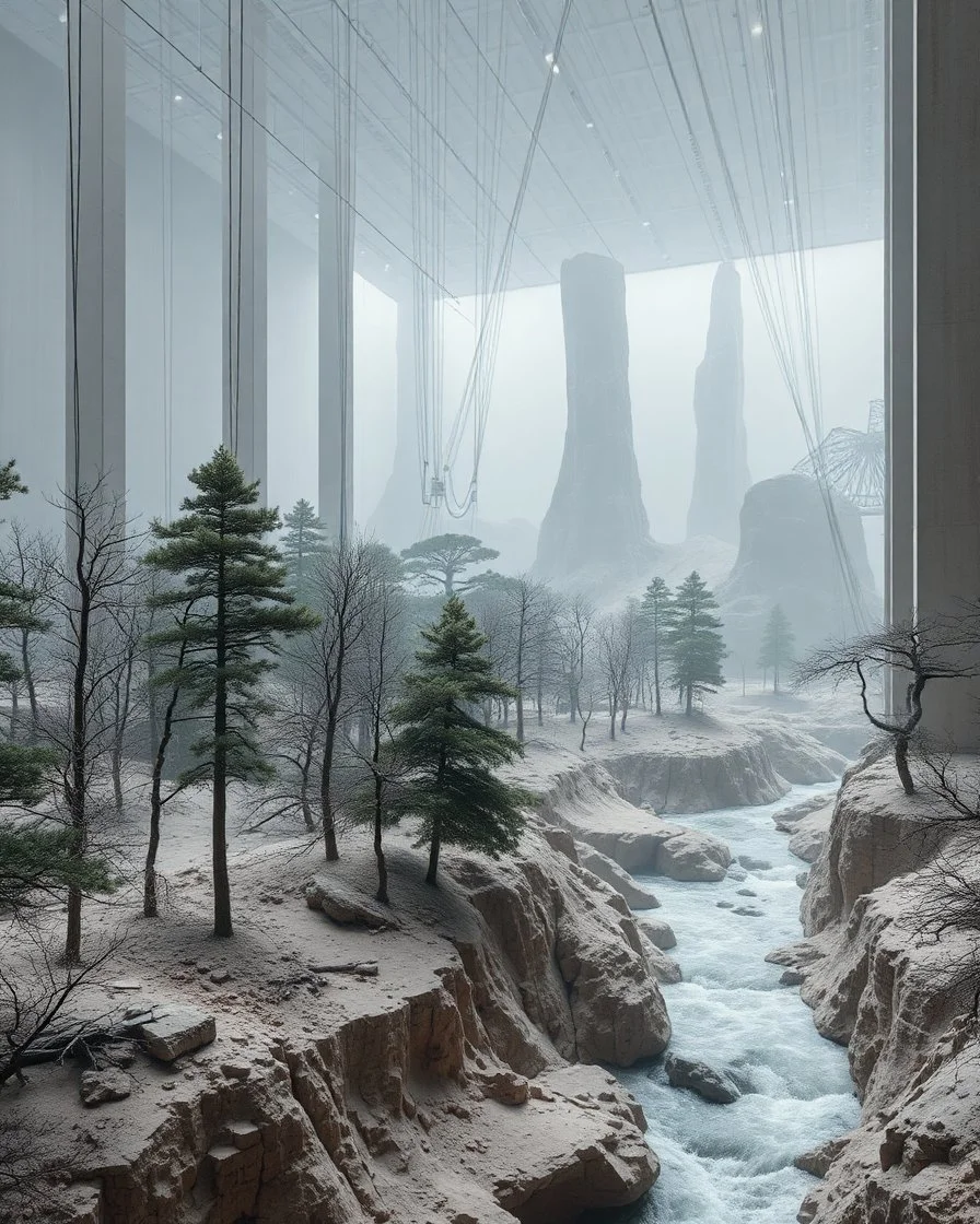 Photograph, a mass of wires, giant museum space, trees, pillars, high walls, schermi di computer, high towers in a room, rag, powder, brook, sediments, deflagration of the background, geological formation, light, architecture, minimalist, details of the terrain very accentuated, 8k, deep 3d field, sharp, brutalist, hasselblad h6d400c --ar 85:128 --v 6.0