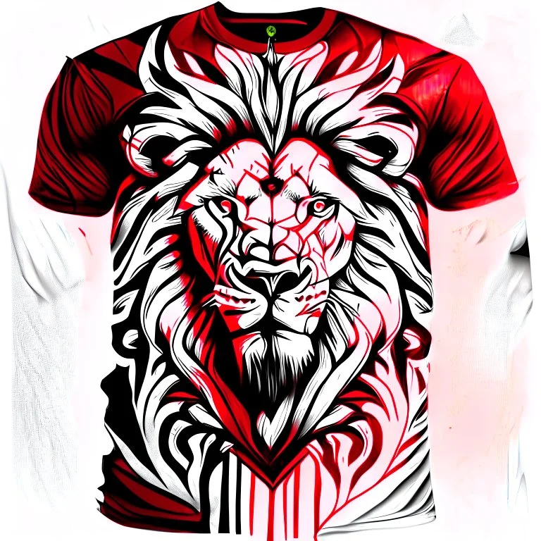 T-shirt graphic Lion symmetrical ink art colors red white and black hyper-detailed realistic 8k