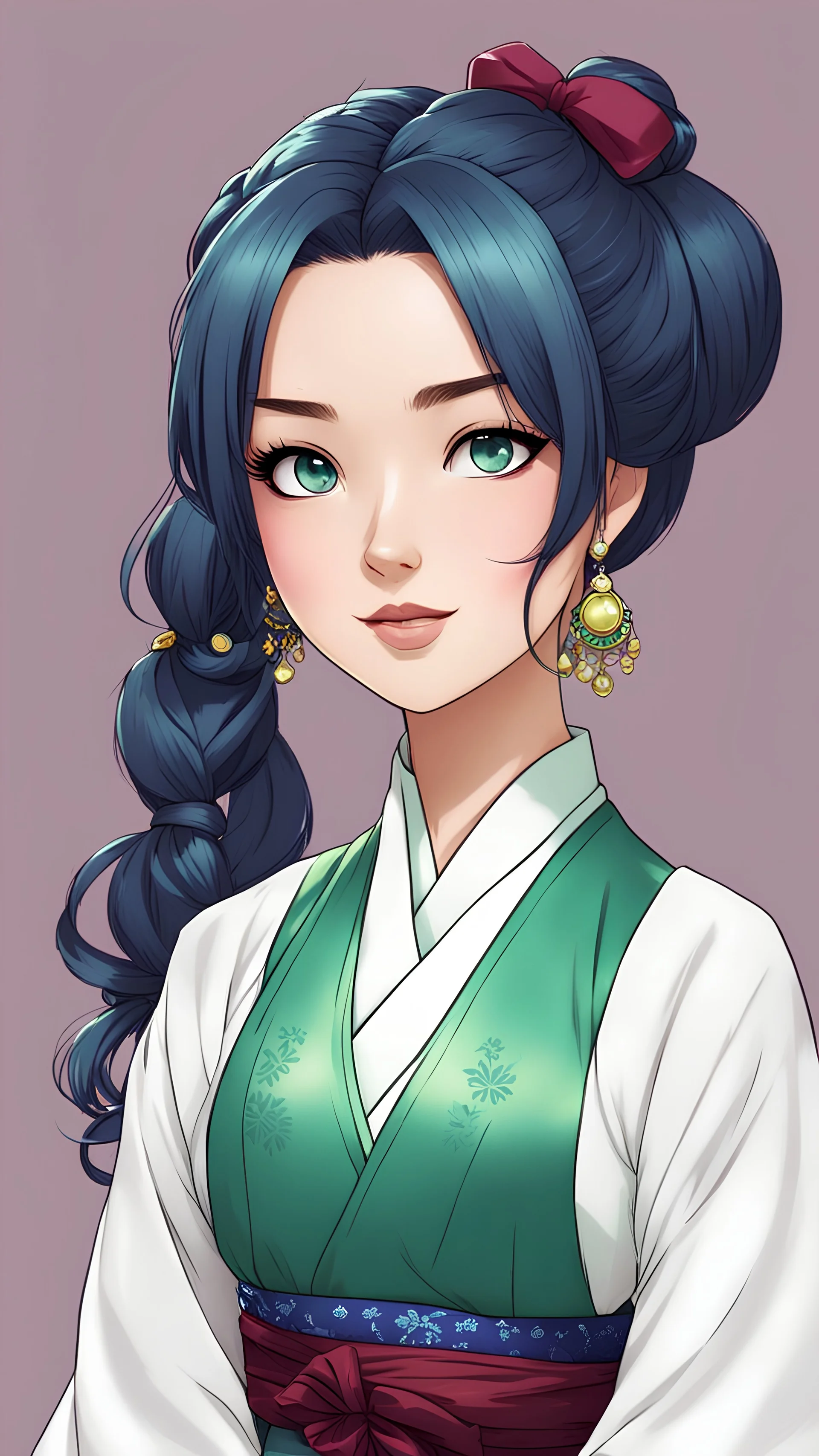 Maomao in manga series The Apothecary Diaries. Light skin, Dark green hair, blue eyes, two low ponytails, which she drapes over her shoulders and ties with decorative beads, Half-up hairstyle with a blue bow keeping the upper section in a messy bun. wear aoqun hanfu with a light green top and a long, burgundy skirt. inner layer of her top is white and the collar is pale and dark green. dark green flats. A light blue ribbon holds her hair back. highly detailed, dynamic lighting,realism photograph