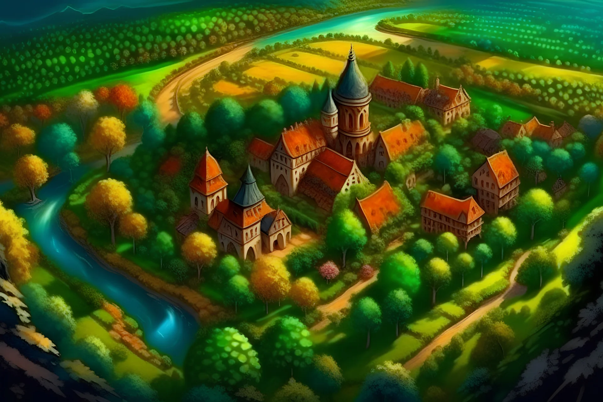 Village surrounded by forest, river through middle, church nearby, birds eye view, fantasy style, photo realistic
