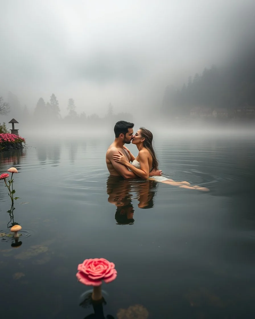 Portrait Romantic European couple swimming kissing together in lake Wonderful landscape fantasy early morning heavy fog photography art Rivendell village,lake,magical forest and houses,beautiful mushrooms,roses flowers,little waterfall,lake,close up photo beautiful romance couples on swimming together in lake