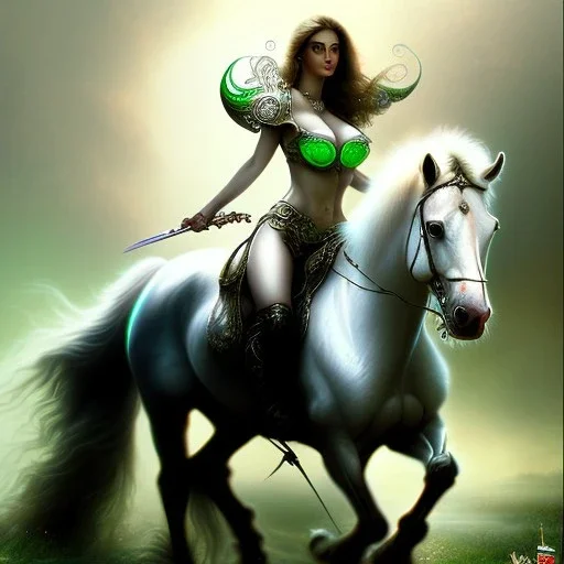 fullbody portrait of beautiful busty with big green eyes woman riding a horse by Luis Royo 8k