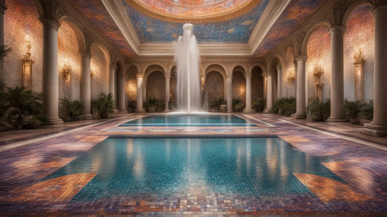 Superb pictorial multicoloured mosaic floor, tapestry-lined walls, swimming pool, fountain, relaxation, luxury, dream world, calm beauty, symmetry, fantasy world, magic, beautiful composition, exquisite detail, 135mm lens, adjust perspective, chiaroscuro, dynamic lighting