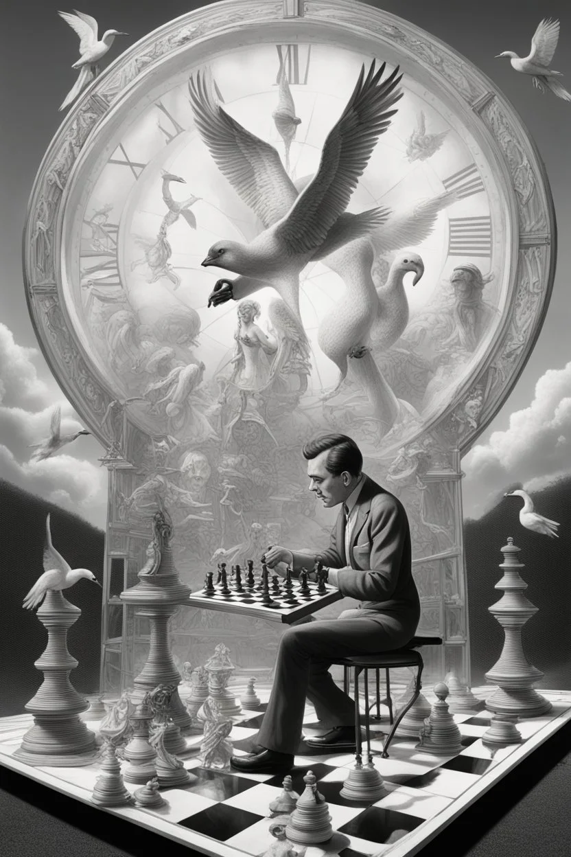 news paper journalist harlequin playing burning chess geese reptiles on racing field with twisted ladders in a confused look on his face in front of a huge glass prism clock with angels, in the style of Escher