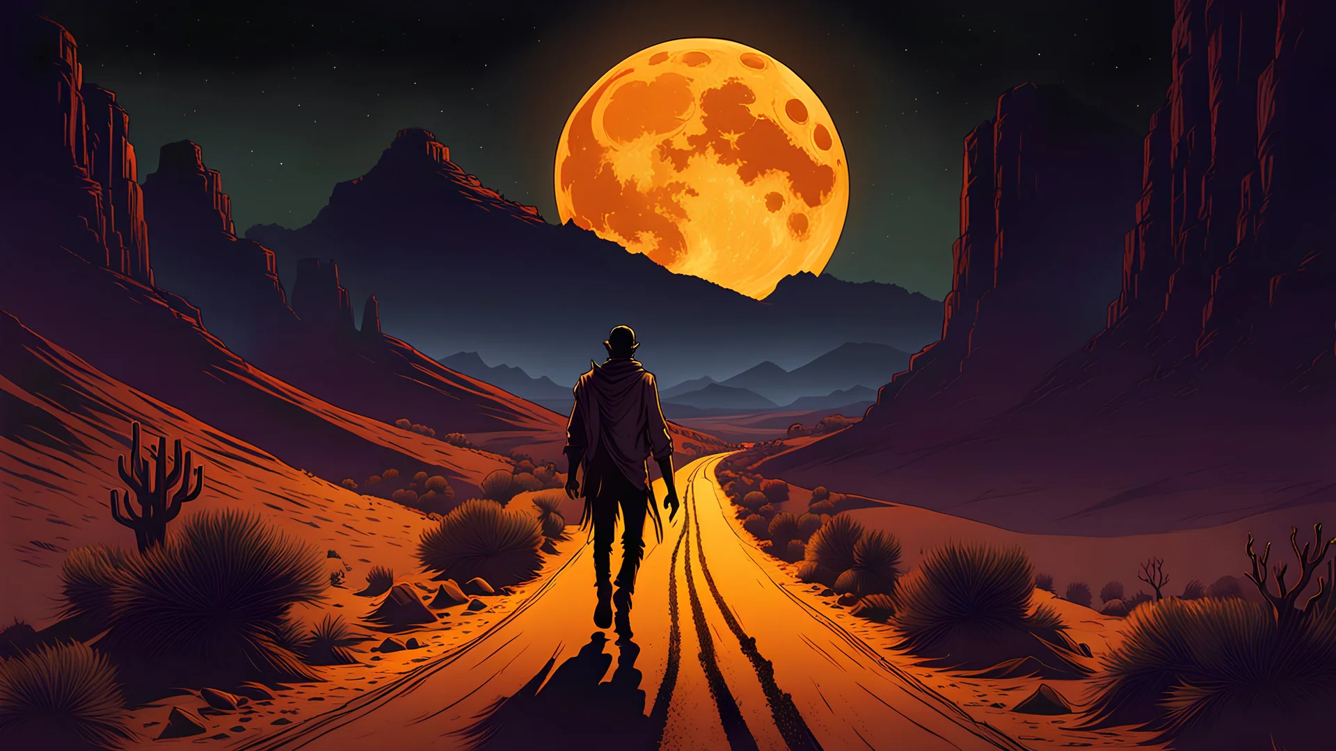 A decaying, gaunt, shuffling zombie walks down a long, straight road in a desert canyon at night under a large, amber moon, cel-shaded, digital illustration, deep, dark colors, color sketches, horror art, moody, atmospheric, liminal spaces, illuminated.