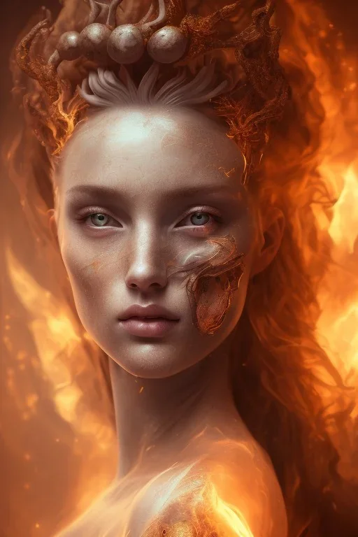 portrait photography of an ethereal beautiful animal goddess, Fire theme art, Dark moody night atmosphere, Portrait of a woman by Michelangelo, 8K, close-up face, anatomically perfect face, oak tree roots, ignore NSFW