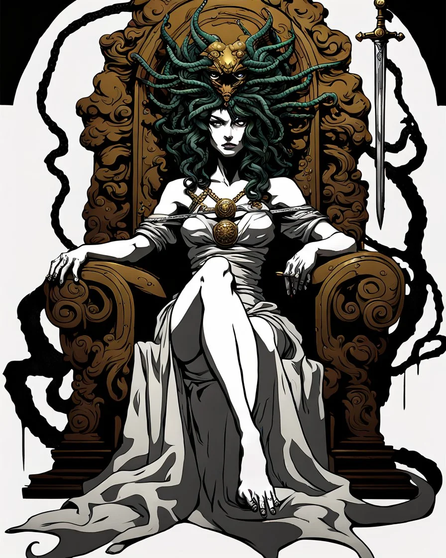 full-length, detailed persona, sword in hand, gorgon medusa, sitting on a throne in a relaxed pose