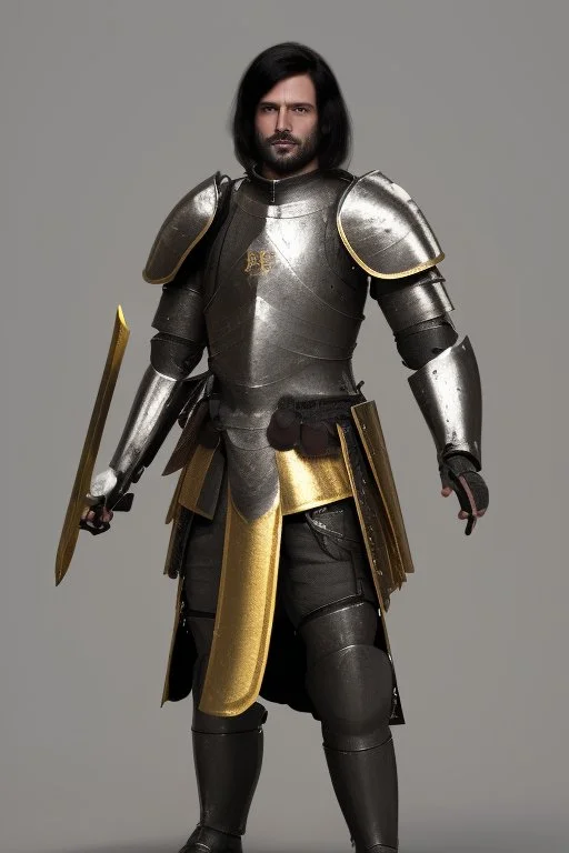 A handsome 30 year old knight, black hair, male bob haircut, in black-and-gold plate armor, golden katana in both hands, no beard, european