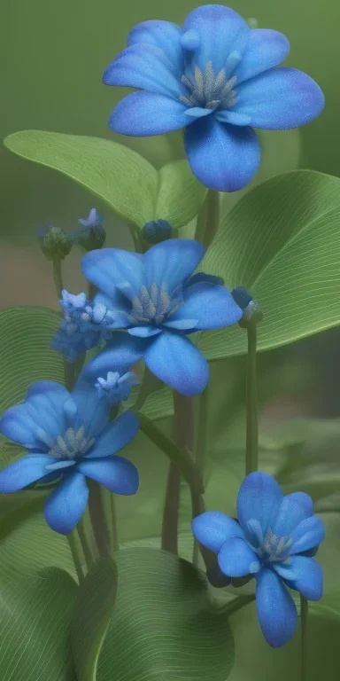 a bunch of blue flowers with green leaves, a digital rendering by Kanzan Shimomura, cgsociety, photorealism, rendered in maya, daz3d, photorealistic