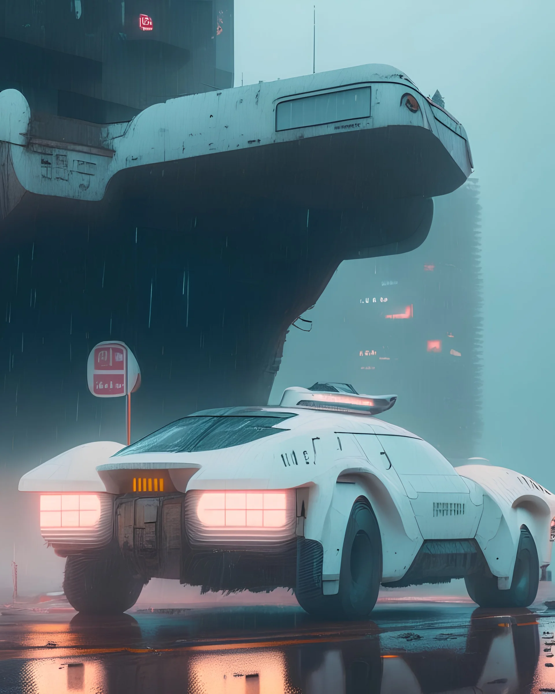 photo of simon stalenhag,8k resoultion,hyper realstic ,white body car, day, blade runner film