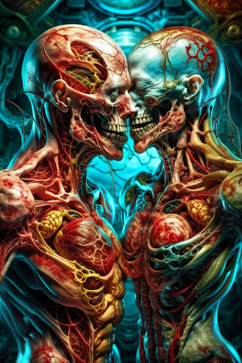 cinematic gore photorealistic fleshy dmt lsd photo of 2 cybernetic bodies making love, 1 male 1 female, 1 soul, complementary, anatomically fragmented, ripped apart again being flayed, skinned alive. A beating heart, muscles, blood vessels, bowels, entrails are exposed. anatomy. physiology. Bosch and Dali inspired hallucinations. mythology. grotesque.