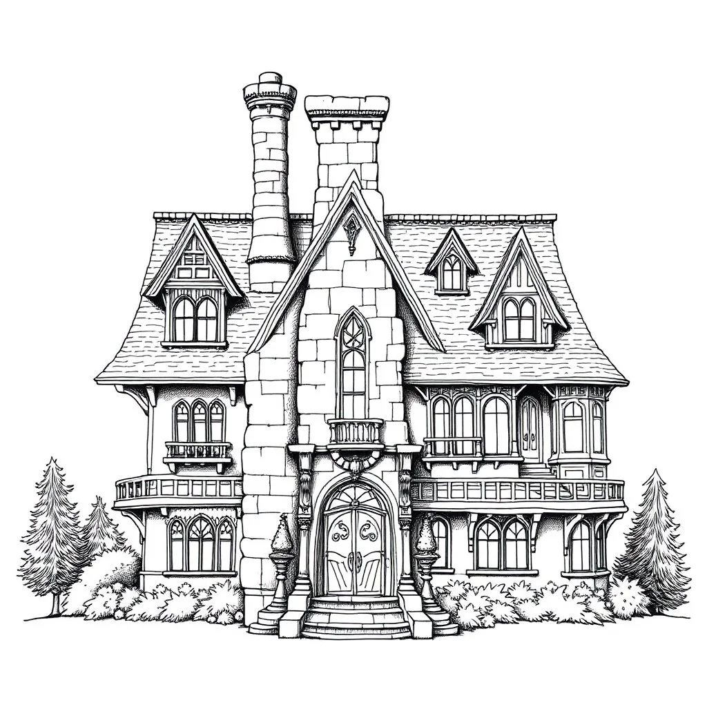 A detailed ink illustration of a front elevation of a fantasy house, with a tall chimney, rooms and floors added to the sides and roofs.