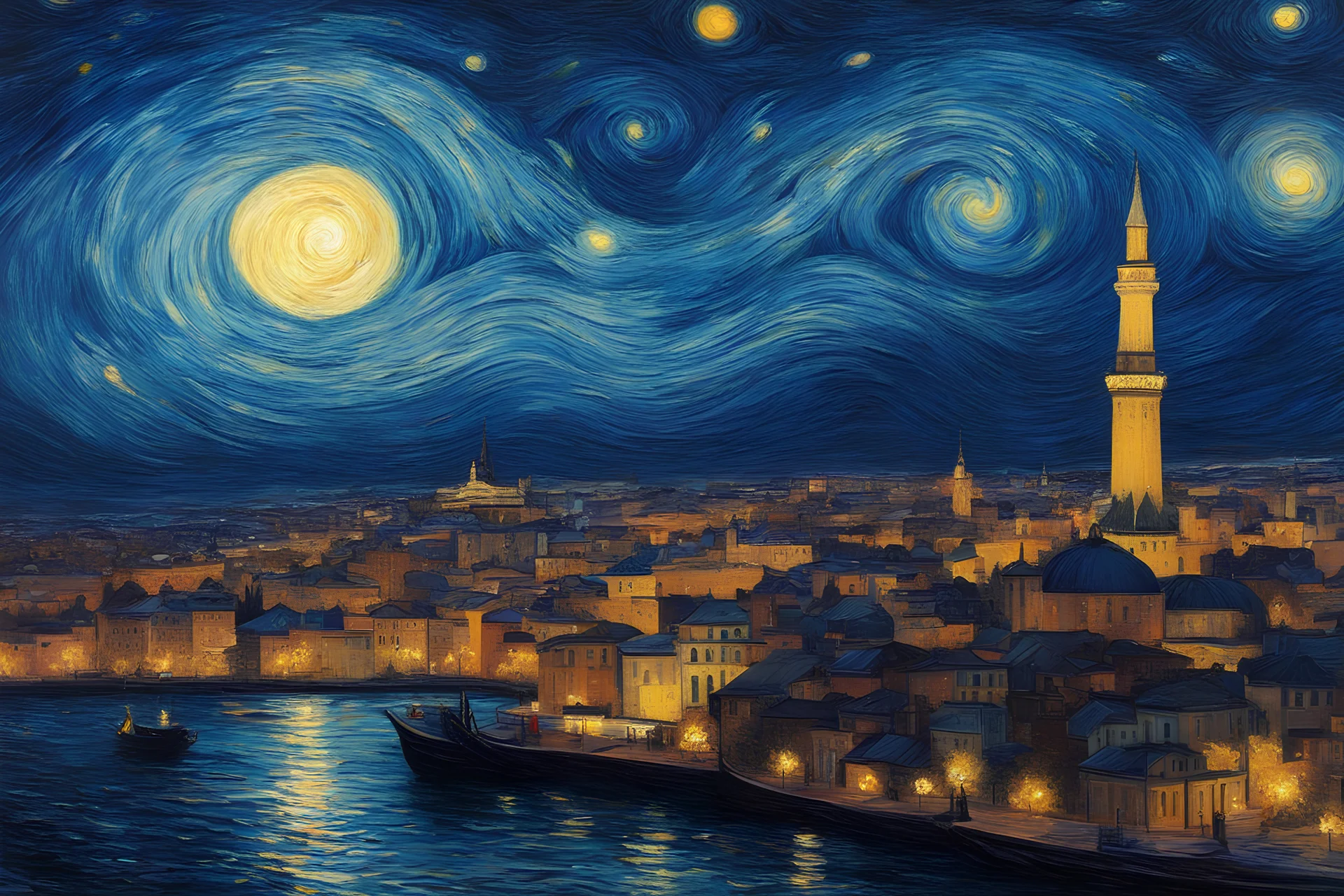 Vincent van Gogh's 'Starry Night' and the iconic cityscape of Istanbul with the majestic Galata Tower. In this envisioned masterpiece, capture the spirit of Van Gogh's swirling, expressive night sky, blending seamlessly with the enchanting silhouette of Istanbul's historic architecture, The city's skyline, adorned with the distinctive Galata Tower, should rise majestically amidst the cosmic dance of stars and swirling clouds. Infuse the composition with Van Gogh's vibrant color palette, emphasiz