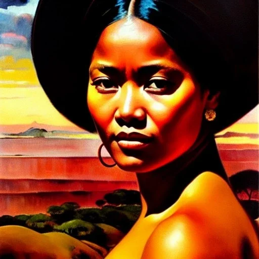 Drawing of 'woman from Afar tribe',sweet stare,painting by Earl Norem, simon Bisley,frazetta,西嘛哒, evan lee, Vallejo,kelly,Paul Gauguin oil on canvas, cinematic composition, extreme detail,fit full head inside picture,8k