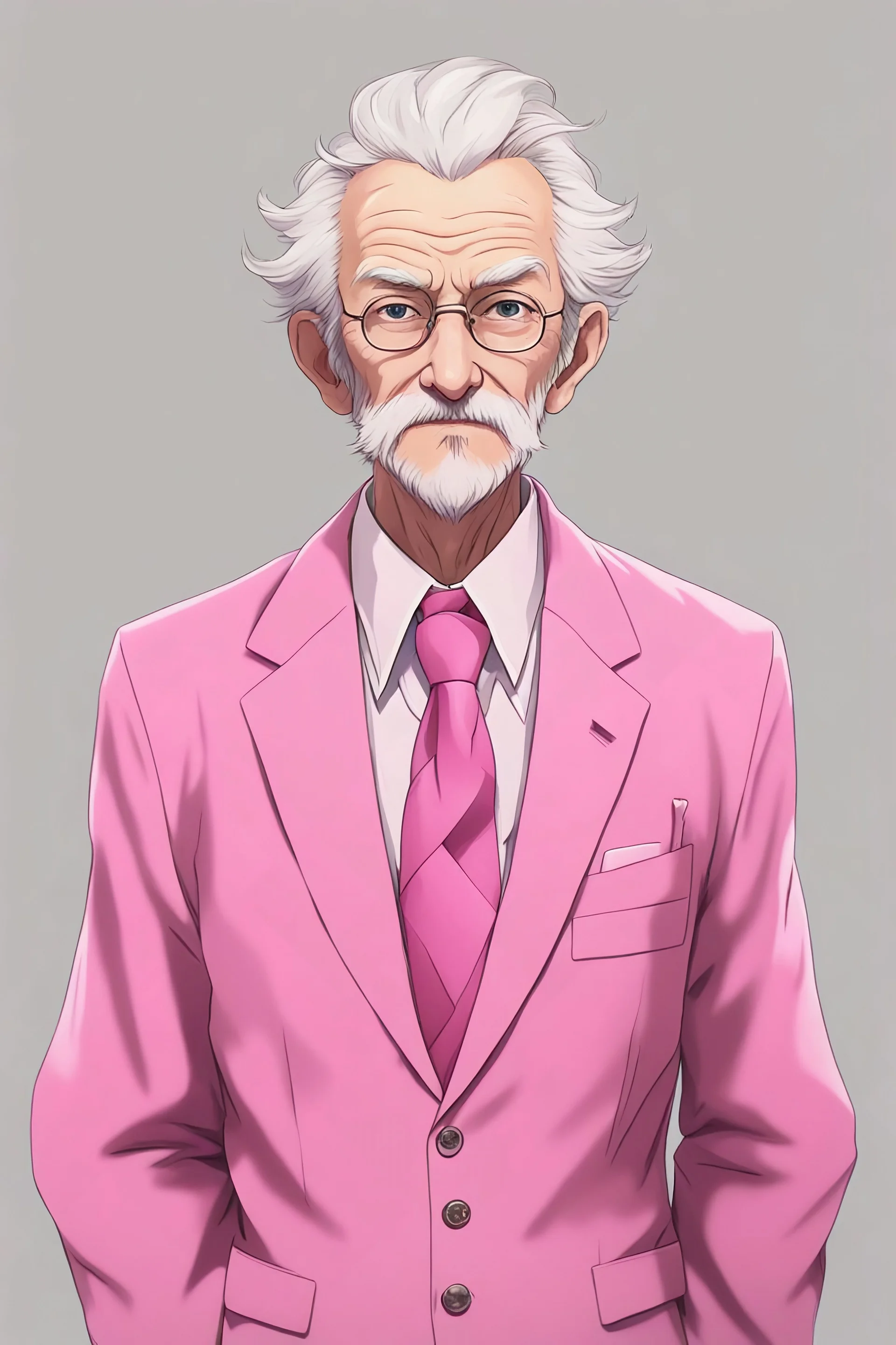 generate a old man wearing a pink suit as a anime character