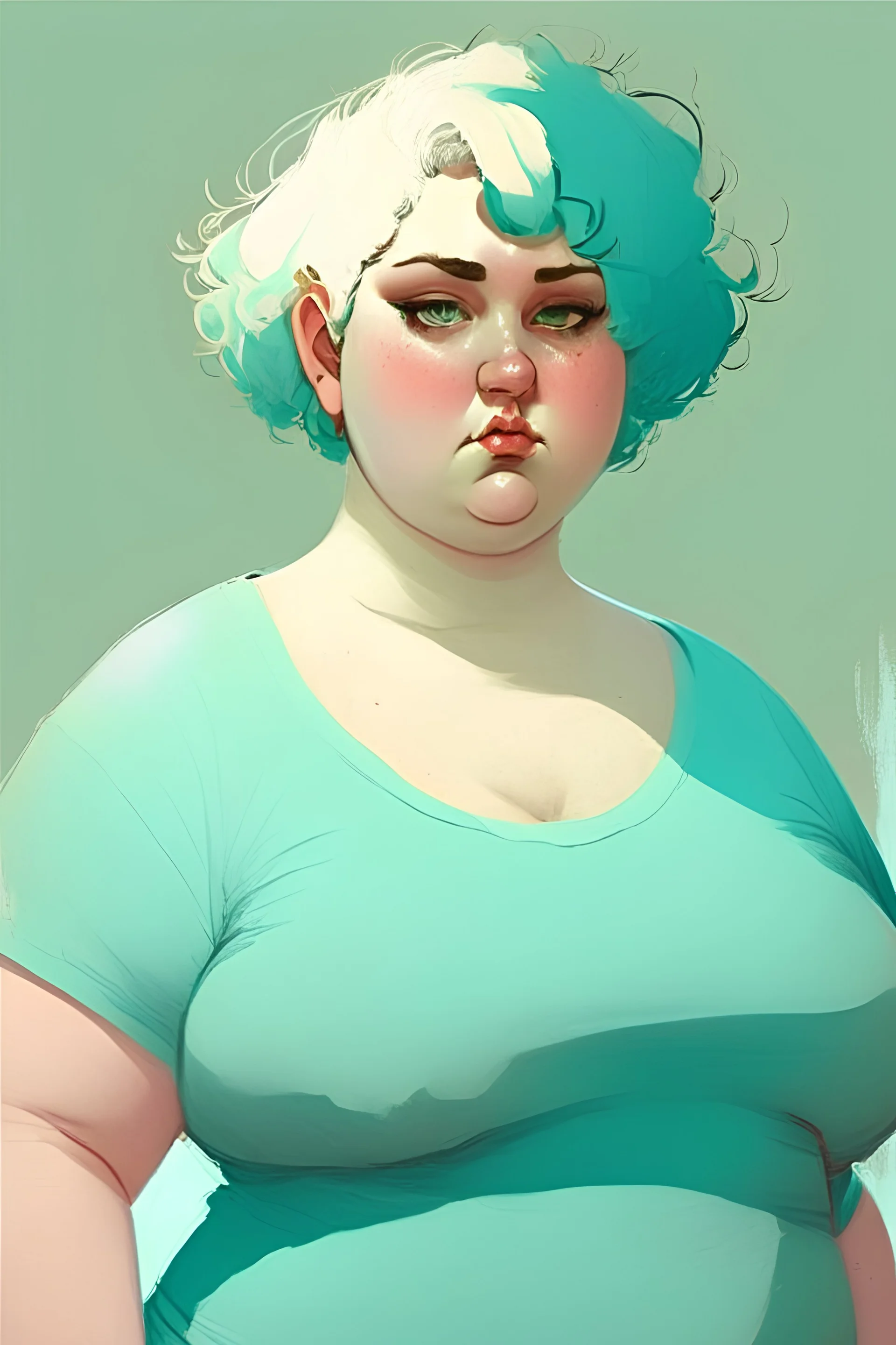 woman, short hair, curly hair, light blue hair, light green eyes, chubby shape, fat body, white skin, hollowed shirt,