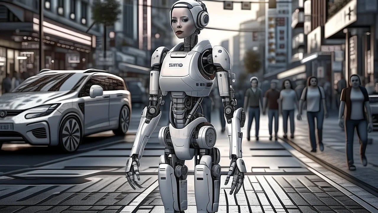 female robot, in a street, shops, cars, people