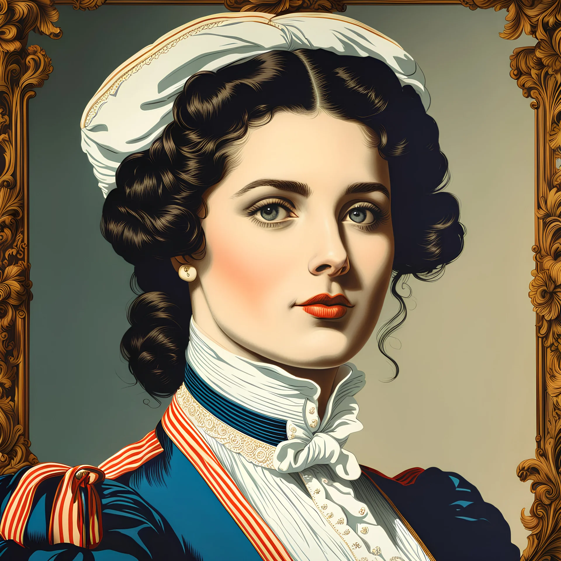 colored silkscreen print of a young, Napoleonic period French woman , with highly detailed facial features ,in the style Ann Chernow, with a fine art aesthetic, highly detailed , realistic , 4k UHD cinegraphic quality