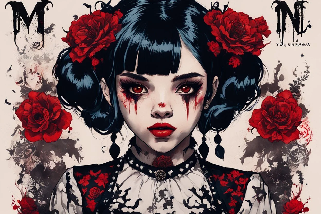 Poster in two gradually, a one side malevolent goth vampire girl face and other side the Singer Melanie Martinez face, full body, painting by Yoji Shinkawa, darkblue and sepia tones, wears a smart shirt which is embroidered with red flowers and ornaments, has dark eyes and horns