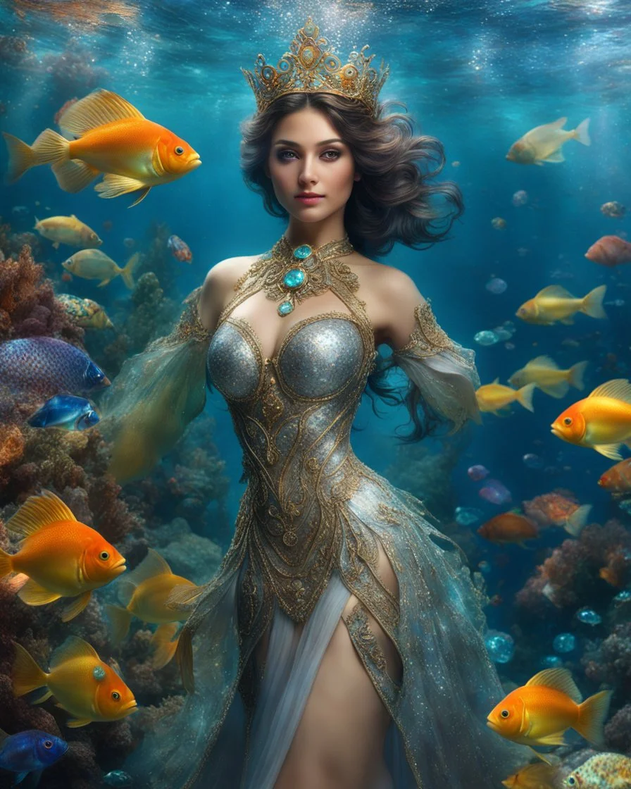 Fullbody excellent pose gorgeous Queen photography art realistic,cinematic colors,soft blur ,natural beauty, of young woman, smiling, beautiful, shiny grey eyes, make up,Queen Persian style, shiny baubles, ornate, large gemstones, shiny molten metalics, shiny wire filigree, brown hair, high definition, Walk in underwater scene teeming with colorful fish nemo, many full fishes swim, and gentle sea turtle