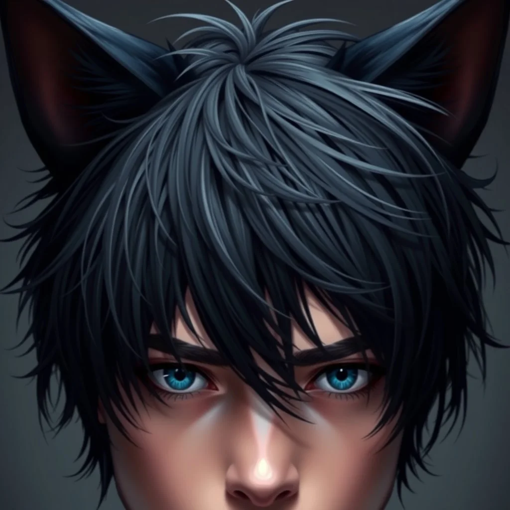 A man with messy black hair, black cat ears on his head, blue eyes.