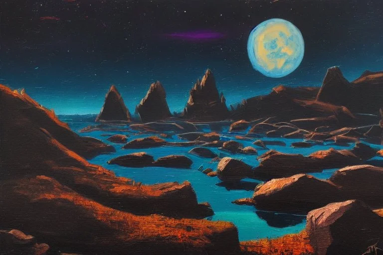 Rocks, night, 2000's sci-fi movies influence, otto pippel impressionism painting