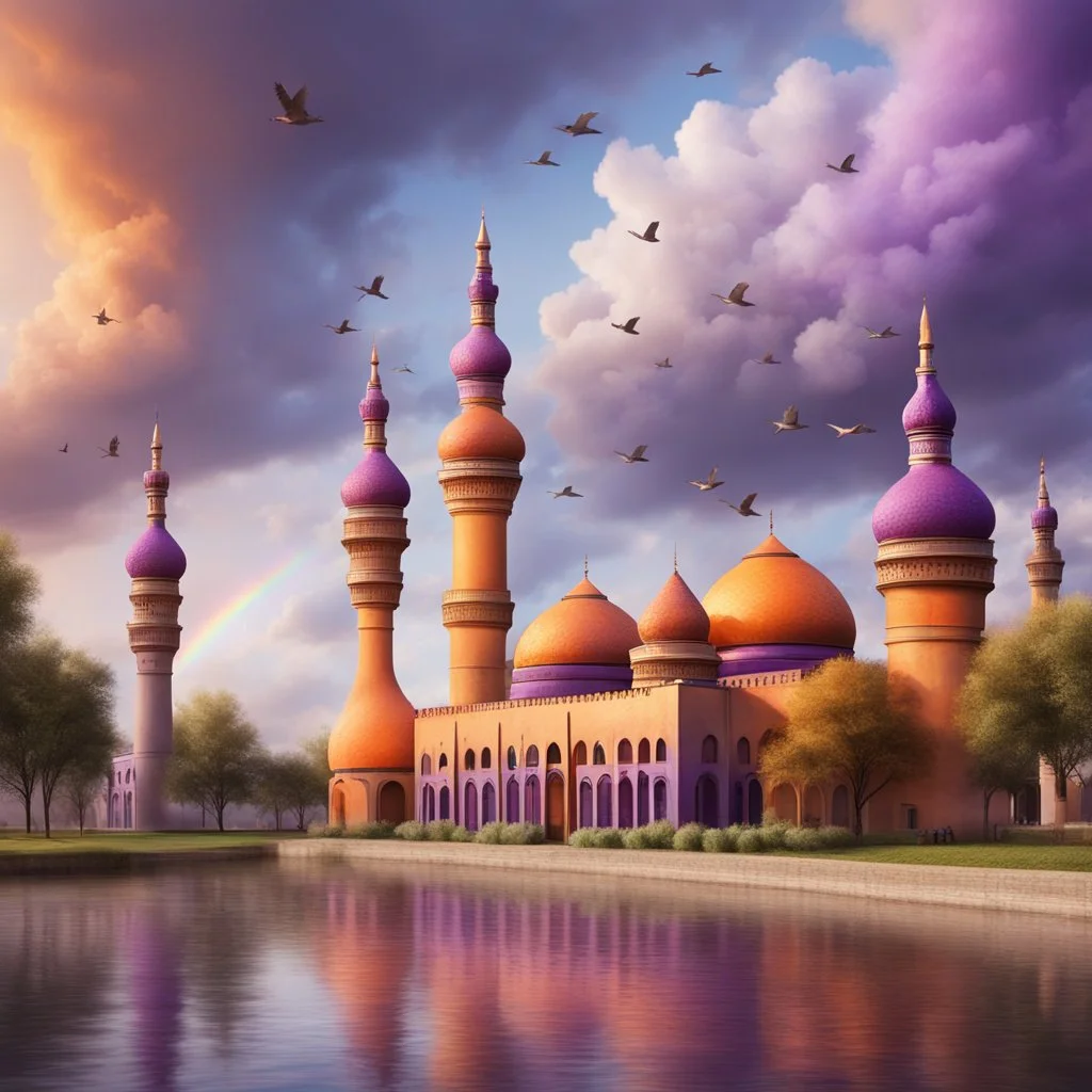 Hyper Realistic Orange & Purple Mosque with Brown Minarets riverside at beautiful cloudy weather & Rainbow with birds flying